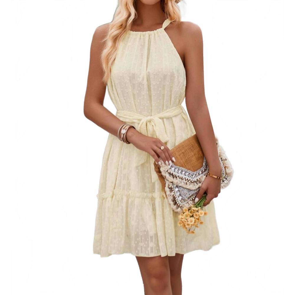 NEW EPRETTY textured embroider print belted halter dress in apricot